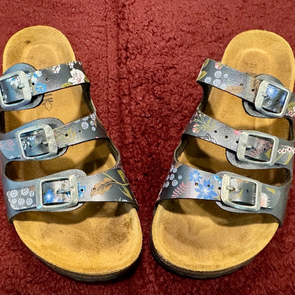 Blue and Brown Sandals with Adjustable Straps and Contoured Footbed